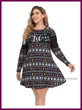 Plus Size Christmas Skater Dress Long Sleeve A-Line Mini Holiday